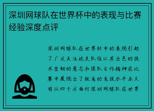 深圳网球队在世界杯中的表现与比赛经验深度点评