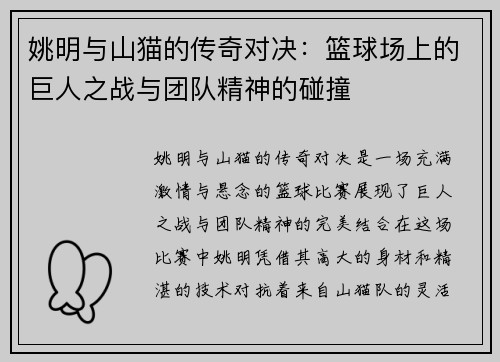 姚明与山猫的传奇对决：篮球场上的巨人之战与团队精神的碰撞